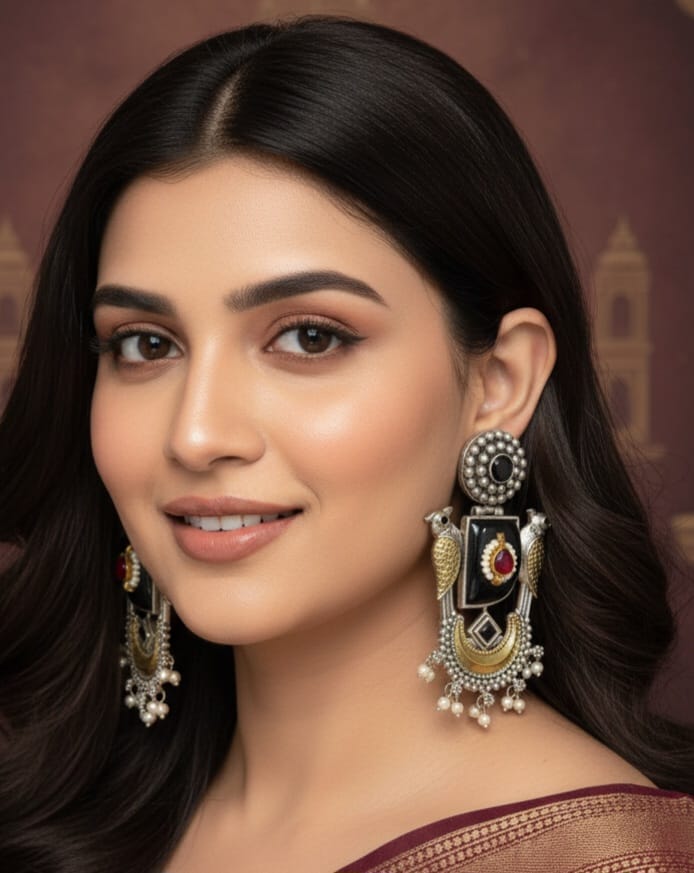 Antique Silver-Tone Statement Earrings with Black Stone, Bird Motif & Pearl Drops