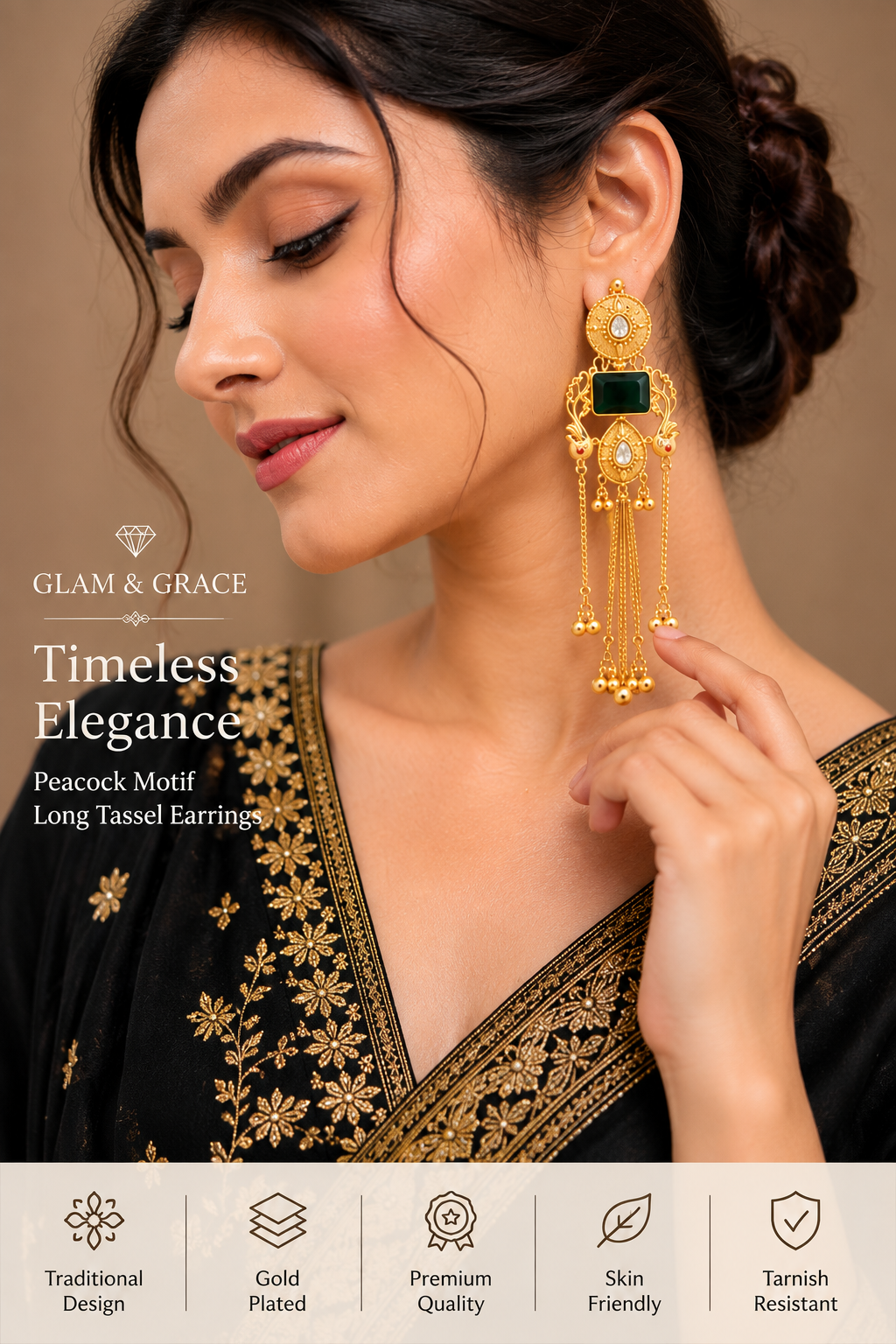 Antique Gold-Tone Long Tassel Earrings with Green Stone & Peacock Motif