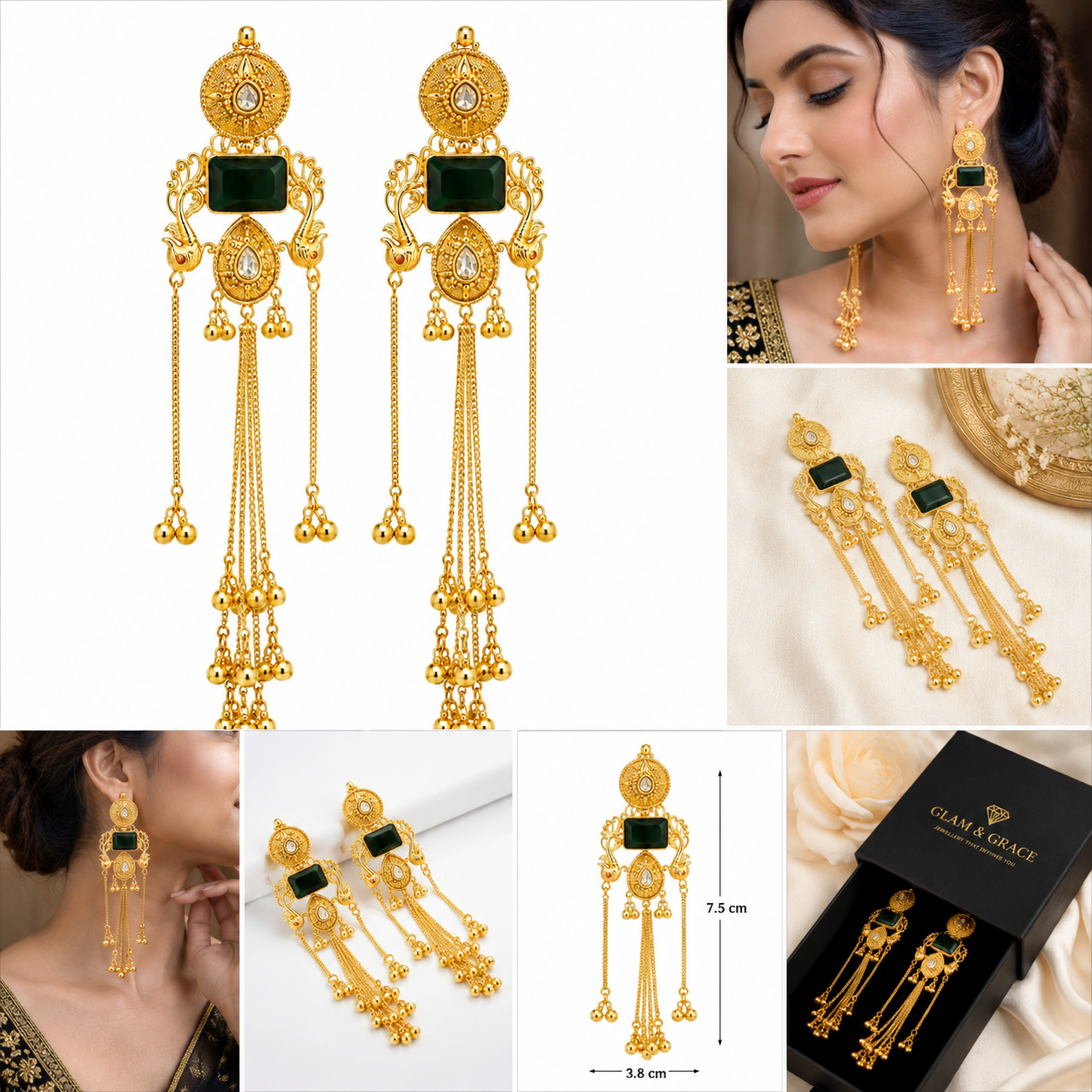Antique Gold-Tone Long Tassel Earrings with Green Stone & Peacock Motif