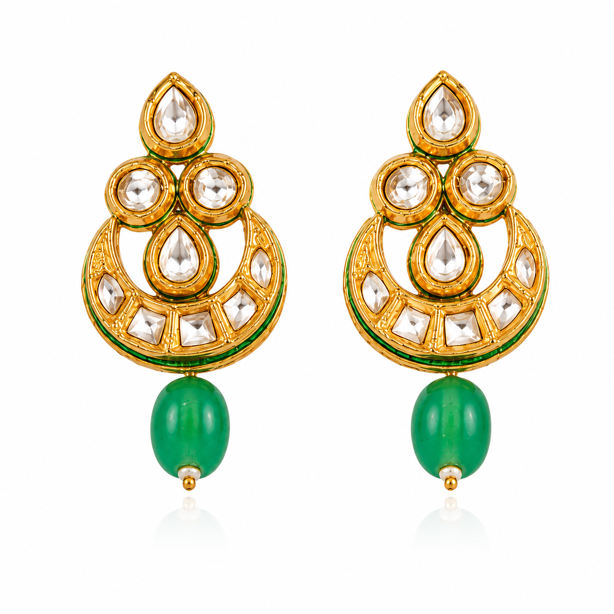 GLAM & GRACE Green Stone Gold-Tone Drop Earrings with Pearl Detailing