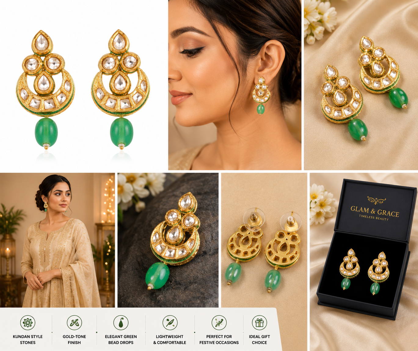 GLAM & GRACE Green Stone Gold-Tone Drop Earrings with Pearl Detailing