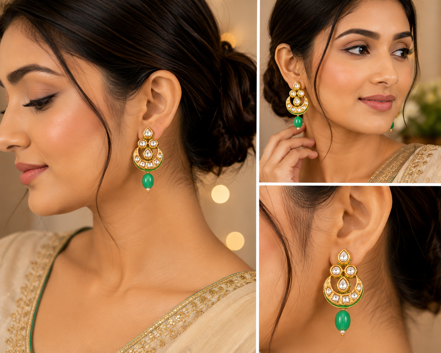 GLAM & GRACE Green Stone Gold-Tone Drop Earrings with Pearl Detailing