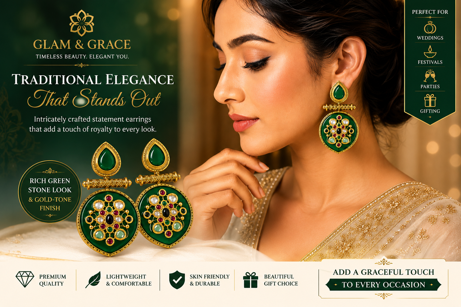 GLAM & GRACE Green Stone Traditional Long Drop Earrings