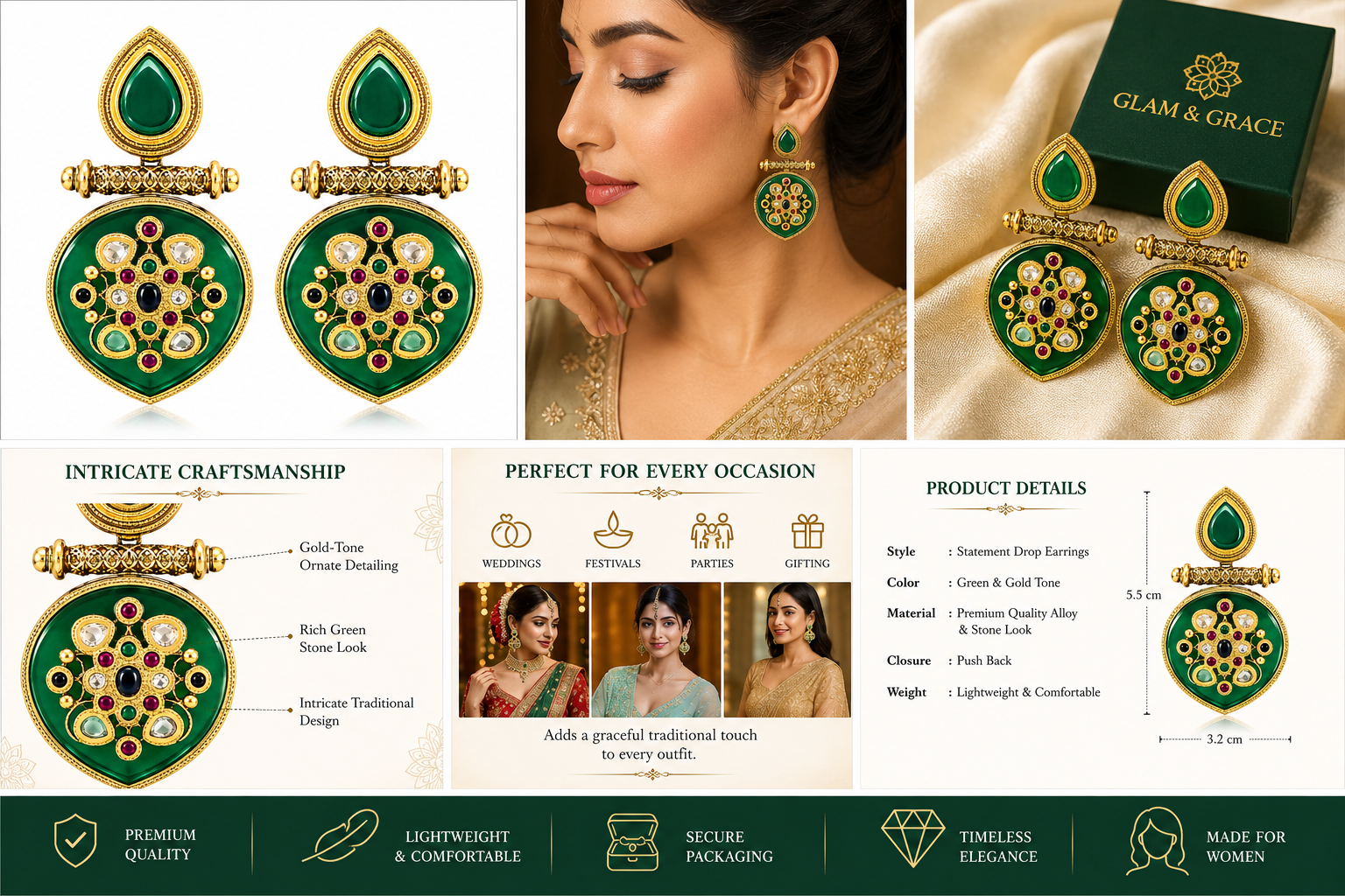 GLAM & GRACE Green Stone Traditional Long Drop Earrings