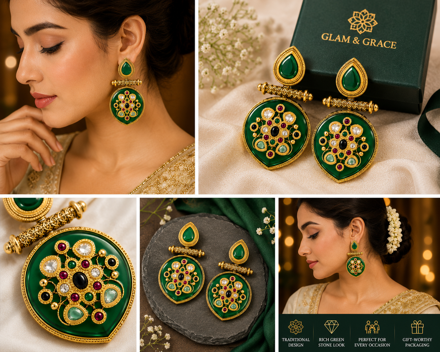 GLAM & GRACE Green Stone Traditional Long Drop Earrings