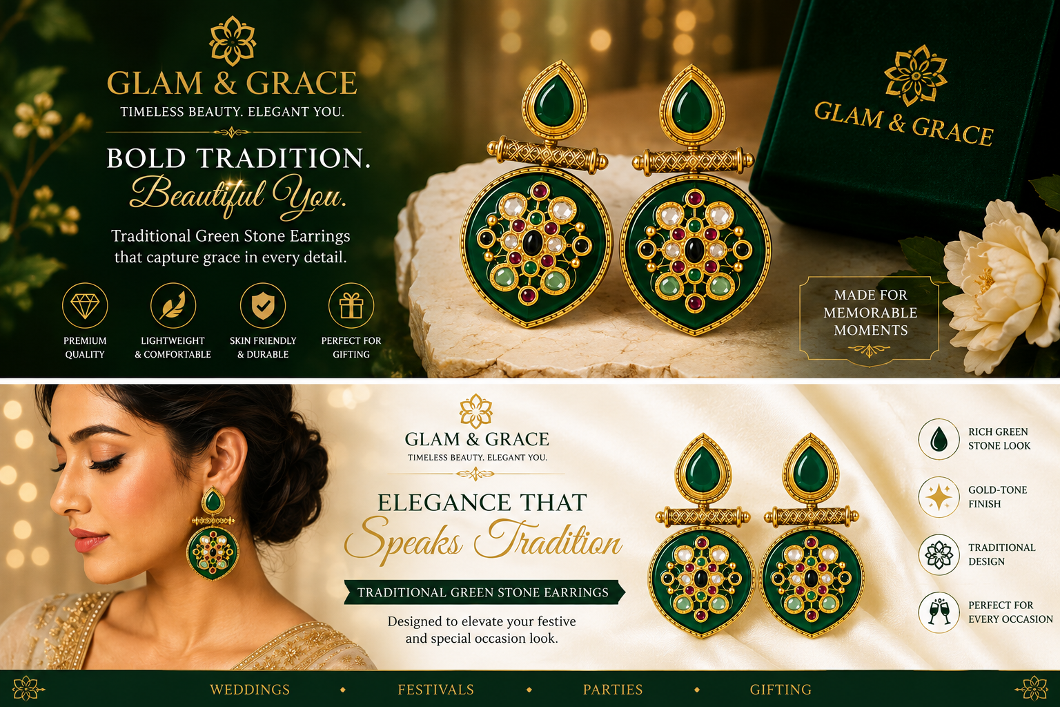 GLAM & GRACE Green Stone Traditional Long Drop Earrings