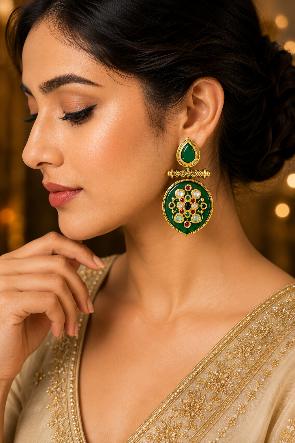 GLAM & GRACE Green Stone Traditional Long Drop Earrings