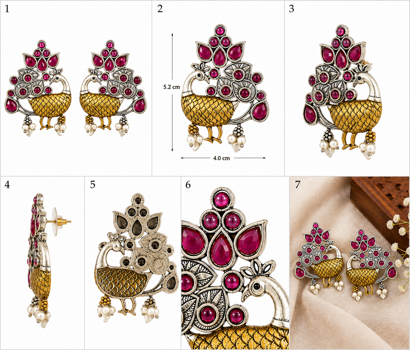 GLAM & GRACE Peacock Design Pink Stone Earrings with Pearl Drops
