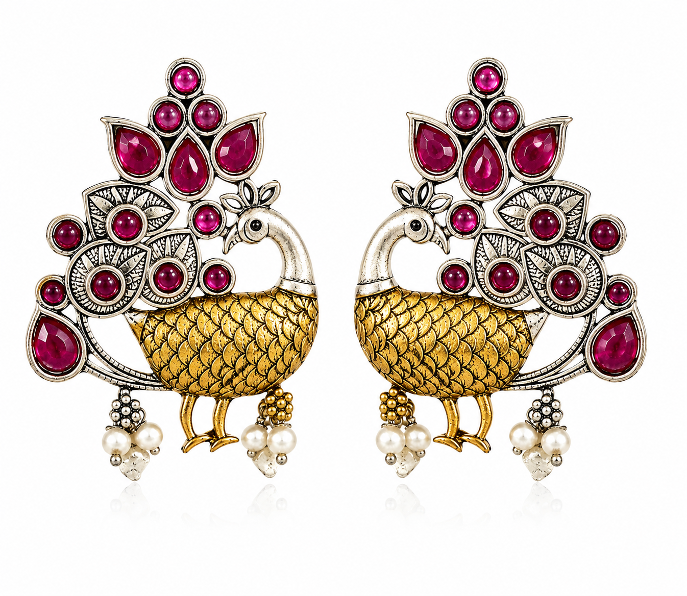 GLAM & GRACE Peacock Design Pink Stone Earrings with Pearl Drops