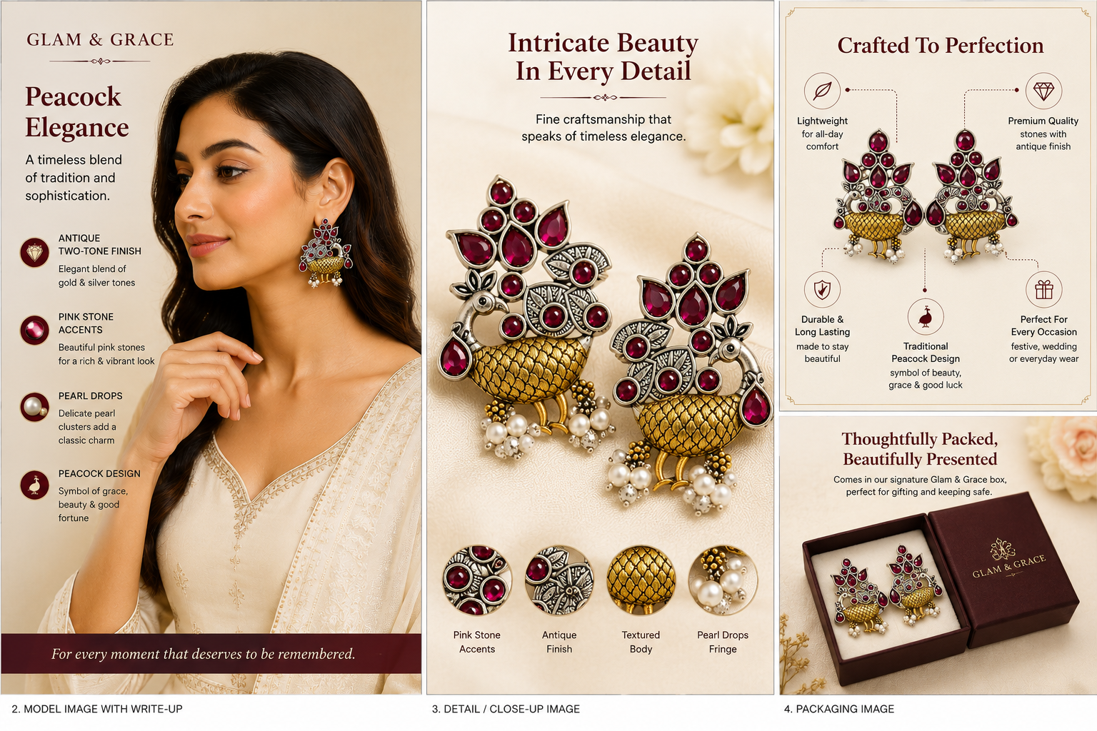 GLAM & GRACE Peacock Design Pink Stone Earrings with Pearl Drops