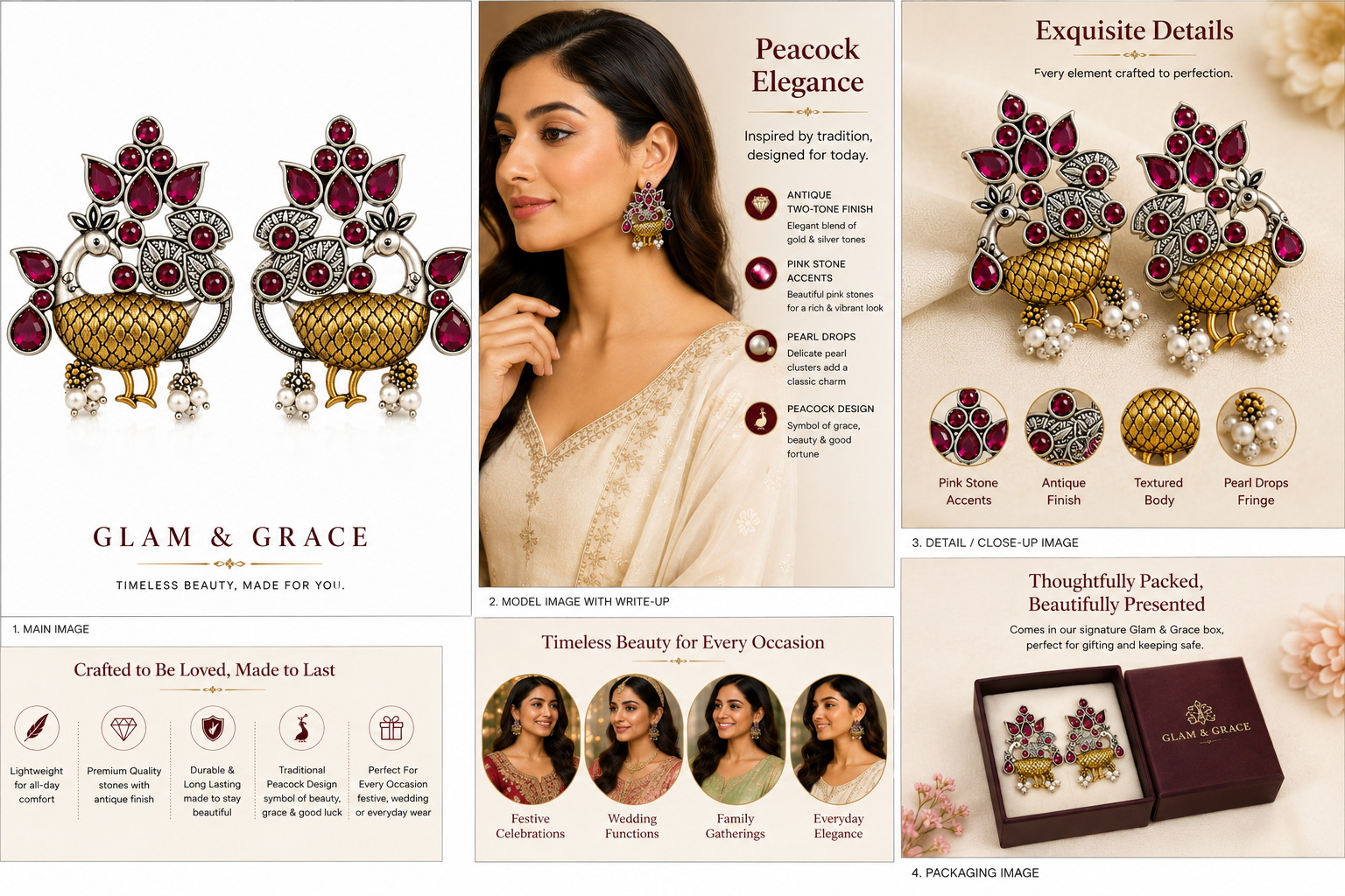 GLAM & GRACE Peacock Design Pink Stone Earrings with Pearl Drops