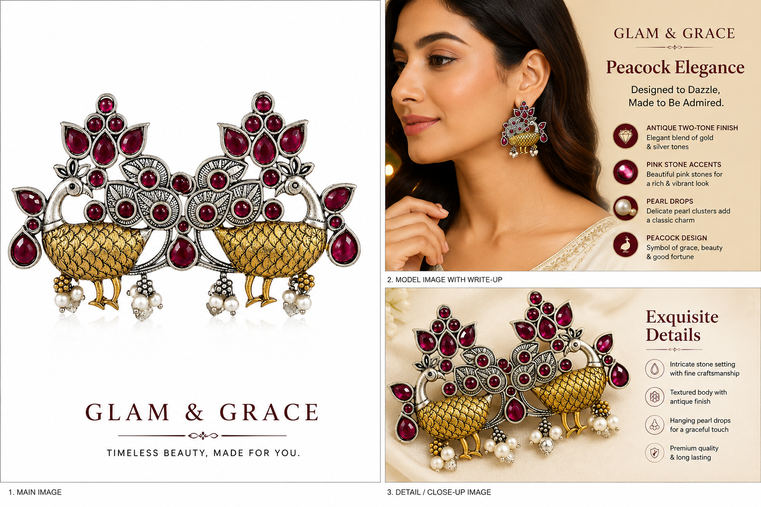 GLAM & GRACE Peacock Design Pink Stone Earrings with Pearl Drops