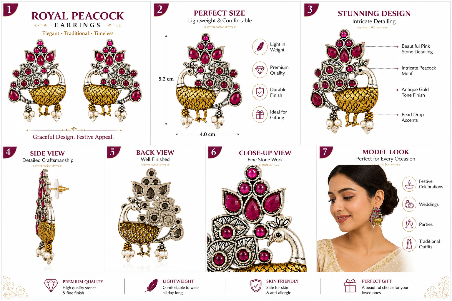 GLAM & GRACE Peacock Design Pink Stone Earrings with Pearl Drops