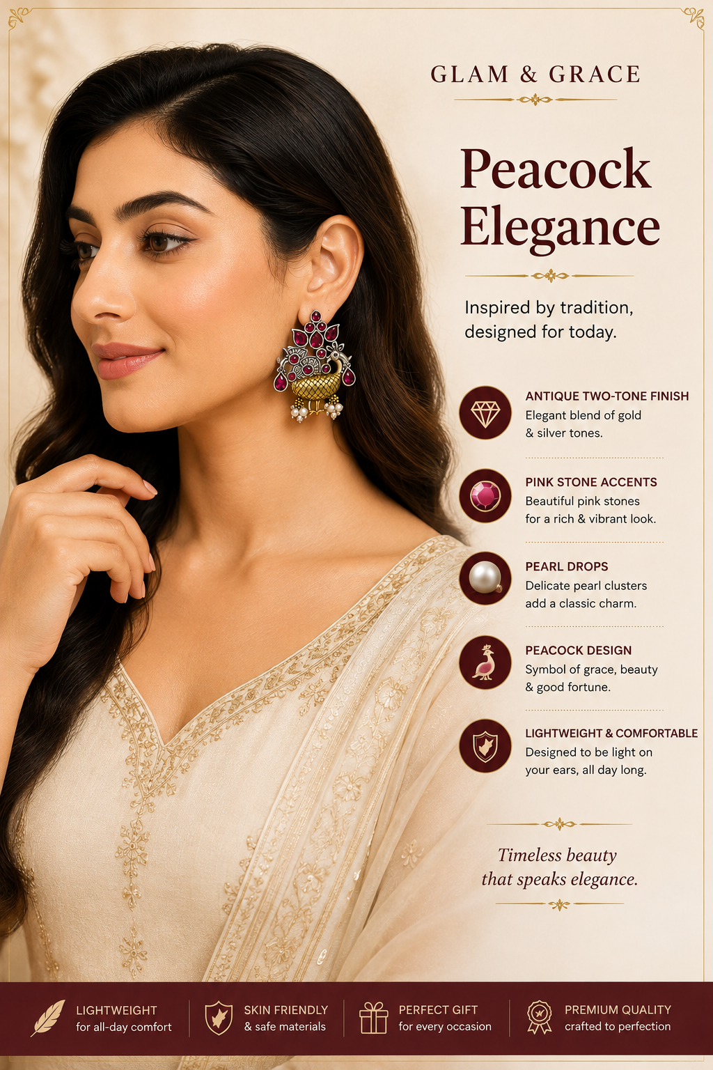 GLAM & GRACE Peacock Design Pink Stone Earrings with Pearl Drops