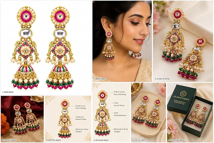 GLAM & GRACE Multicolor Pink Green Jhumka Earrings with Pearl Drops