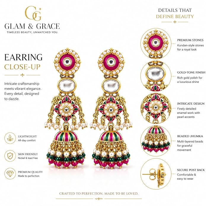 GLAM & GRACE Multicolor Pink Green Jhumka Earrings with Pearl Drops