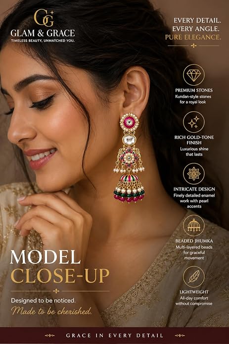 GLAM & GRACE Multicolor Pink Green Jhumka Earrings with Pearl Drops