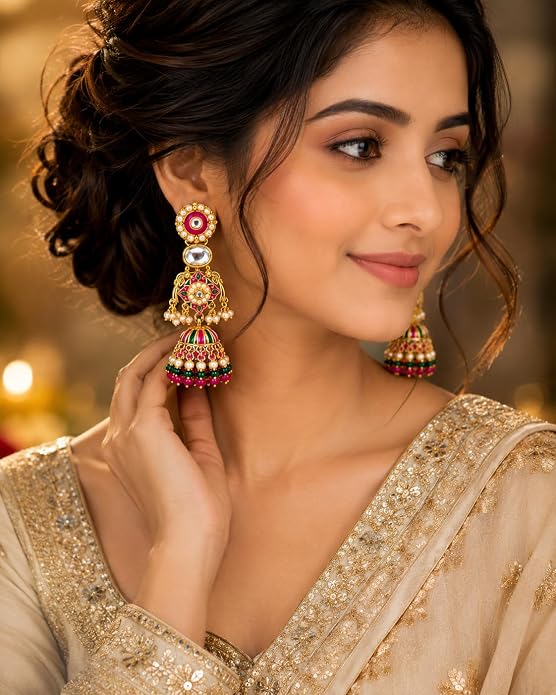 GLAM & GRACE Multicolor Pink Green Jhumka Earrings with Pearl Drops
