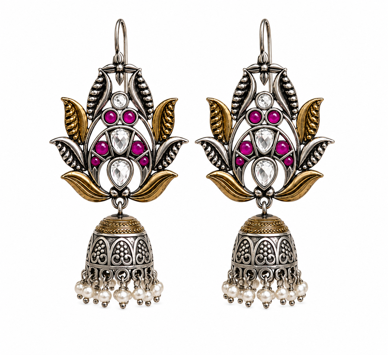 GLAM & GRACE Pink Stone Floral Jhumka Earrings with Pearl Drops