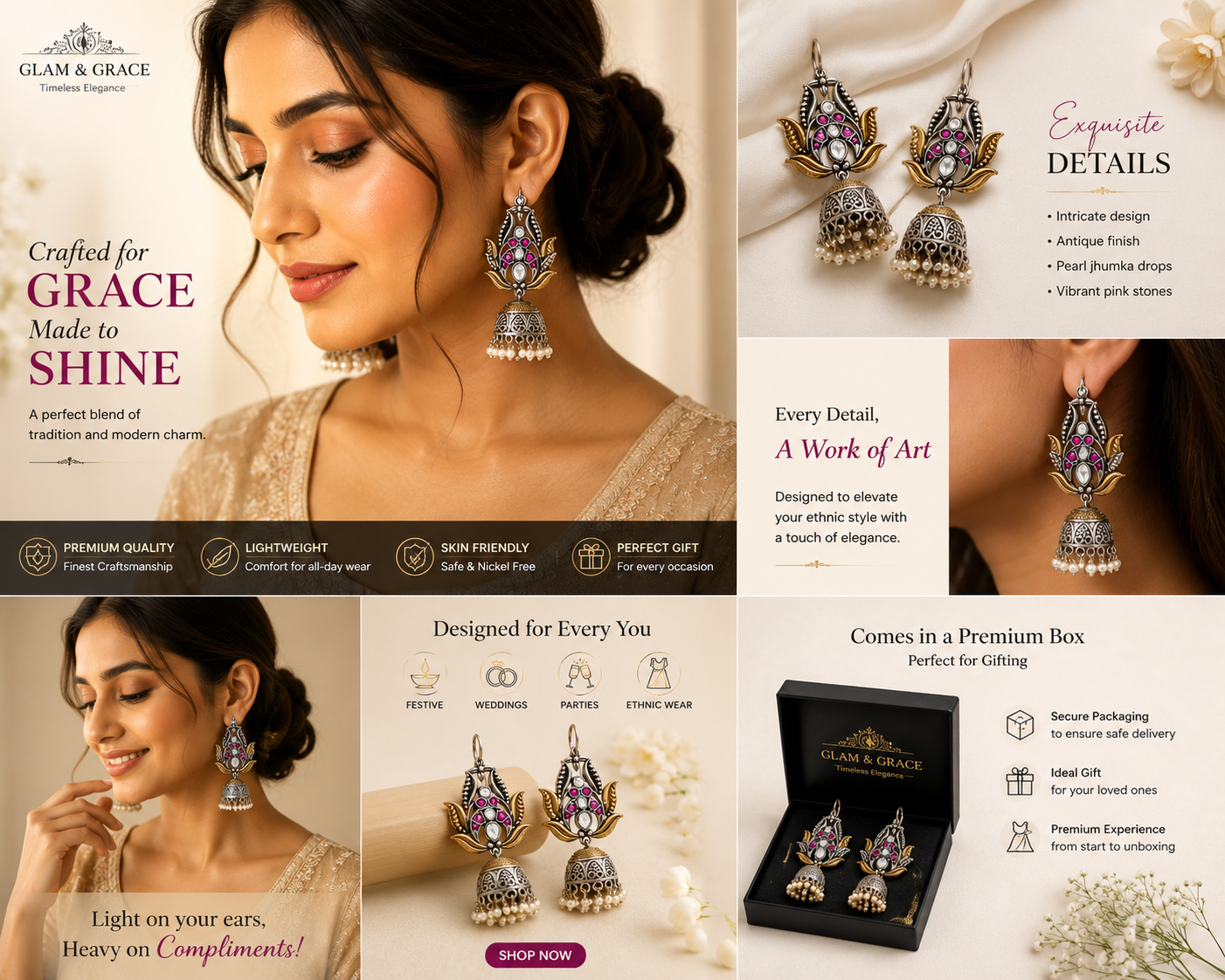 GLAM & GRACE Pink Stone Floral Jhumka Earrings with Pearl Drops
