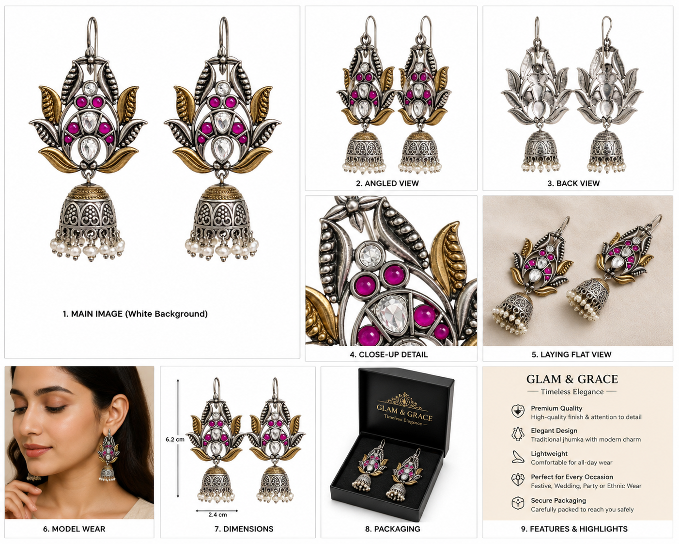 GLAM & GRACE Pink Stone Floral Jhumka Earrings with Pearl Drops