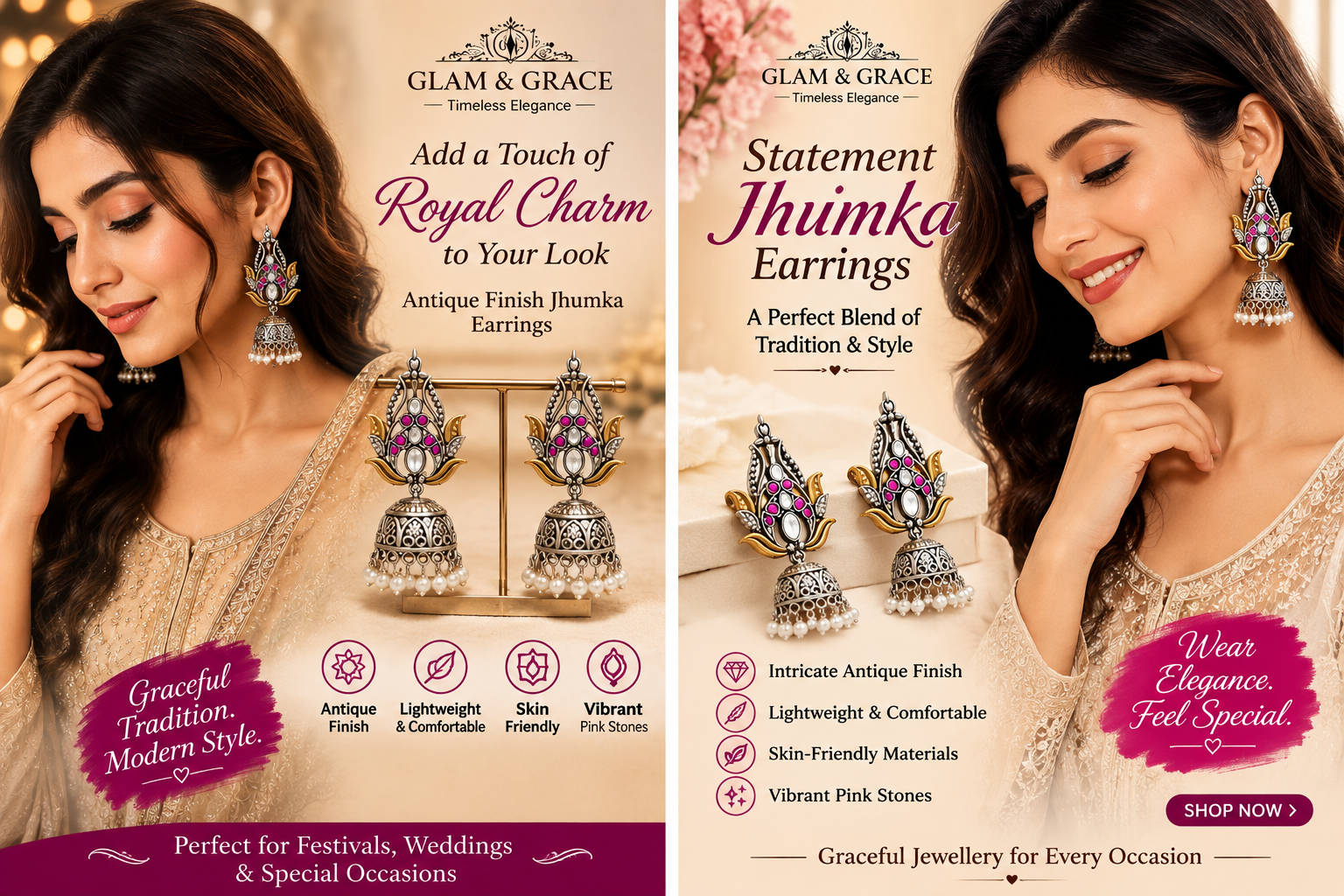 GLAM & GRACE Pink Stone Floral Jhumka Earrings with Pearl Drops