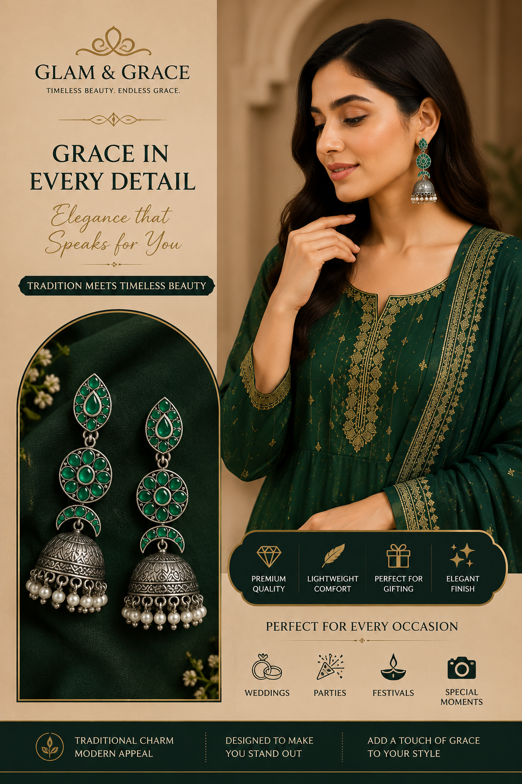 GLAM & GRACE Green Stone Floral Jhumka Earrings with Pearl Drops