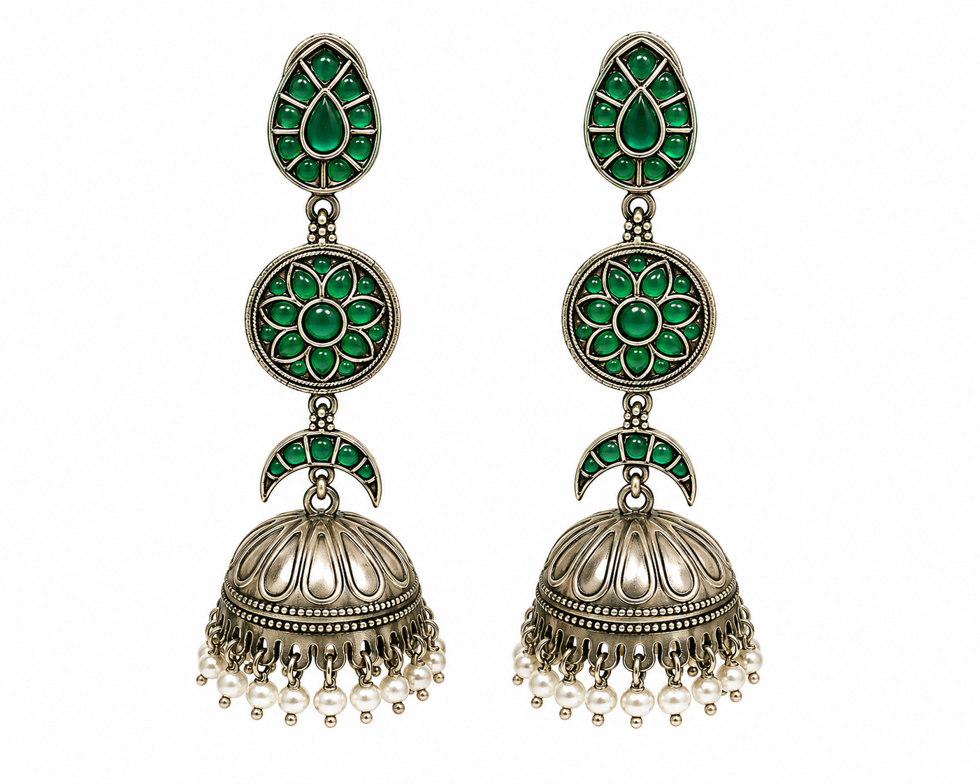 GLAM & GRACE Green Stone Floral Jhumka Earrings with Pearl Drops