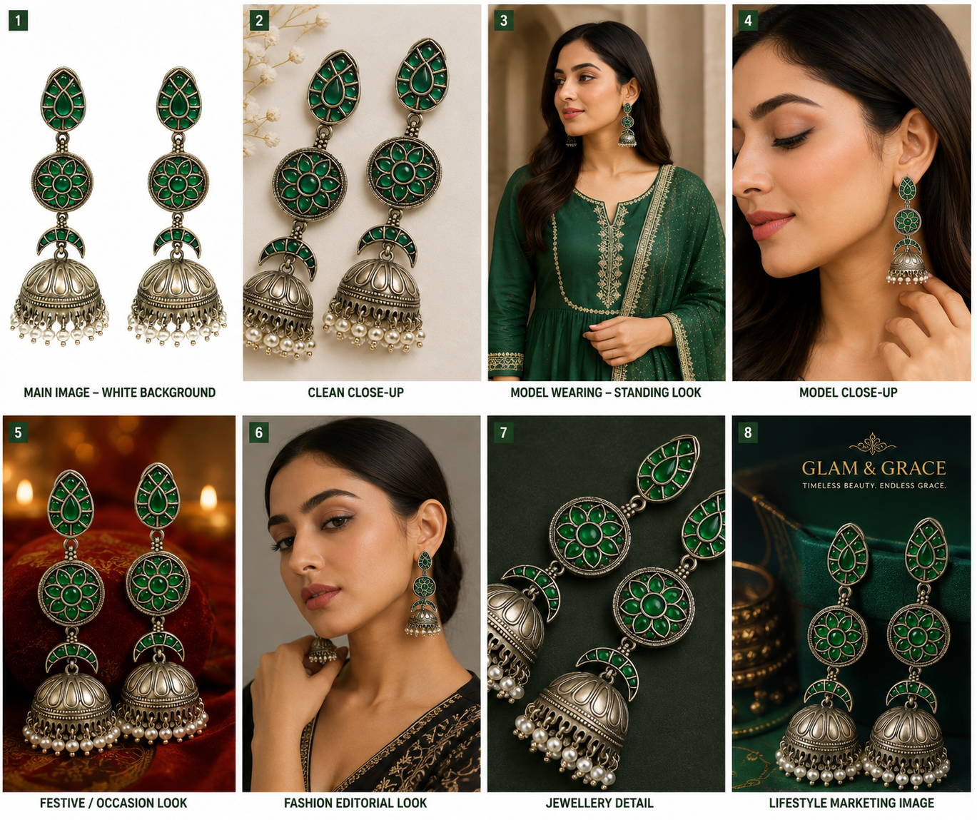 GLAM & GRACE Green Stone Floral Jhumka Earrings with Pearl Drops