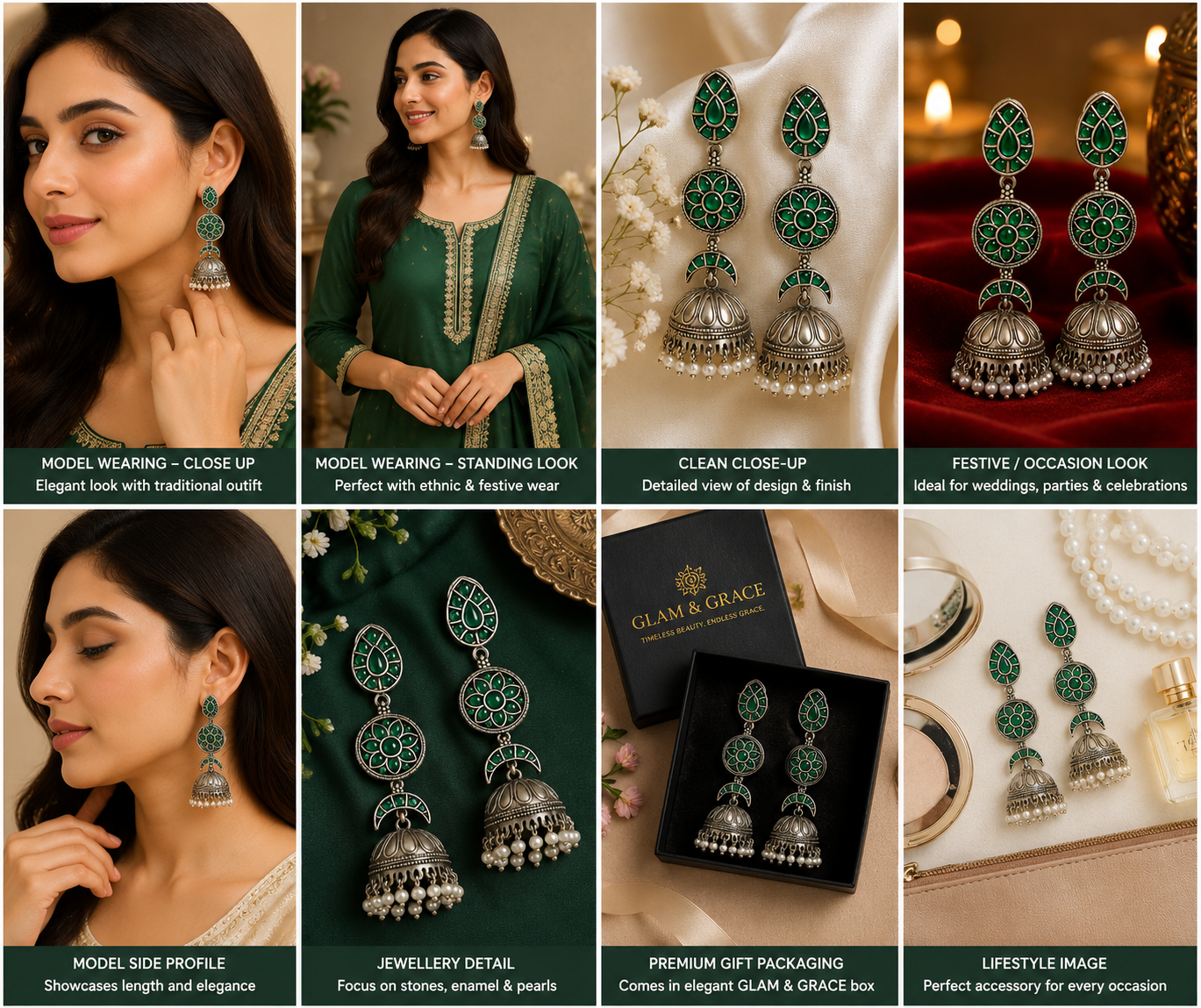 GLAM & GRACE Green Stone Floral Jhumka Earrings with Pearl Drops
