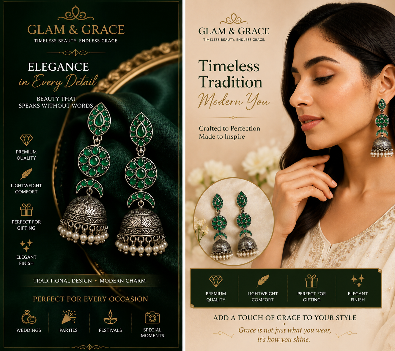 GLAM & GRACE Green Stone Floral Jhumka Earrings with Pearl Drops