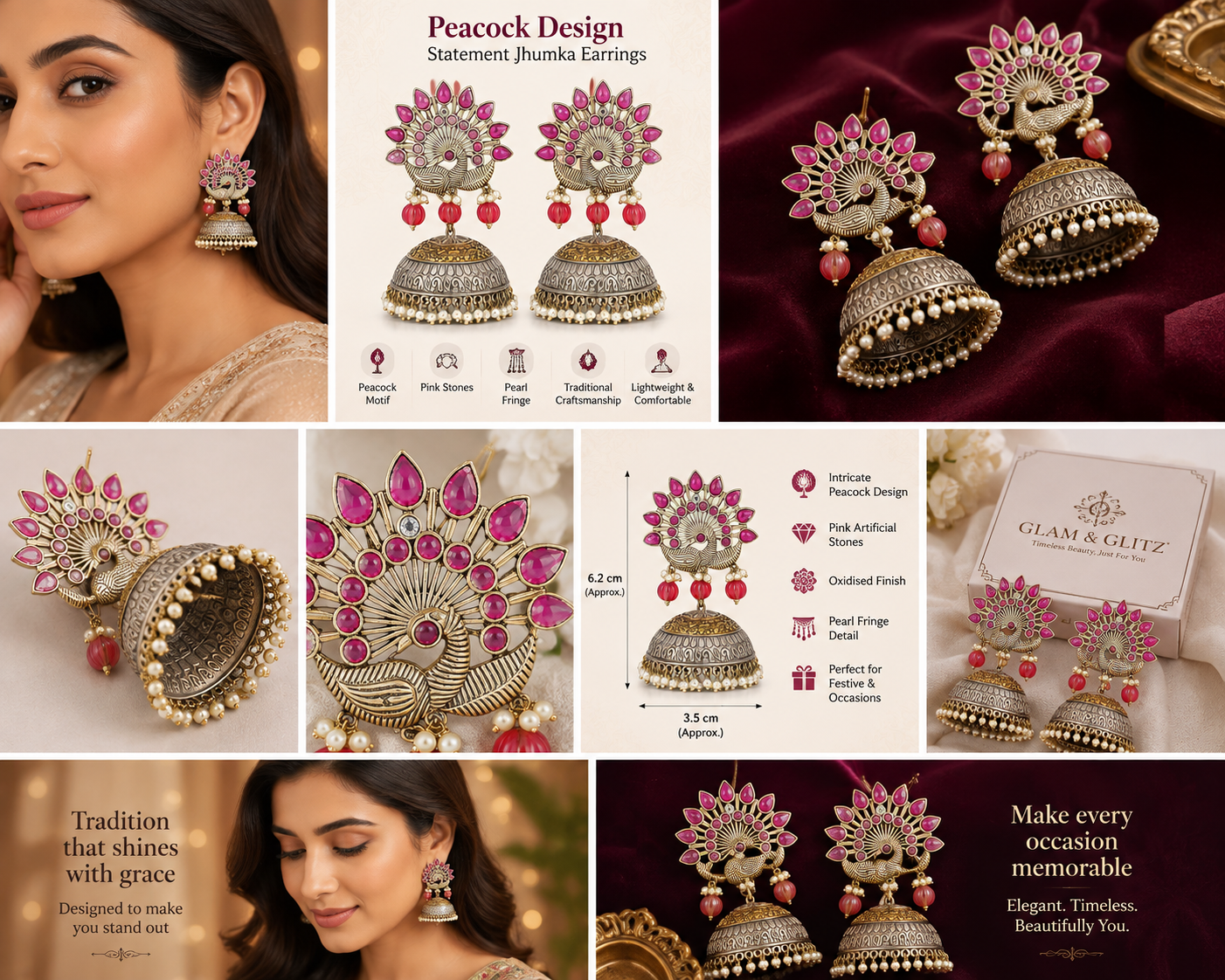 GLAM & GRACE Pink & Silver-Tone Peacock Jhumka Earrings with Pearl Drops