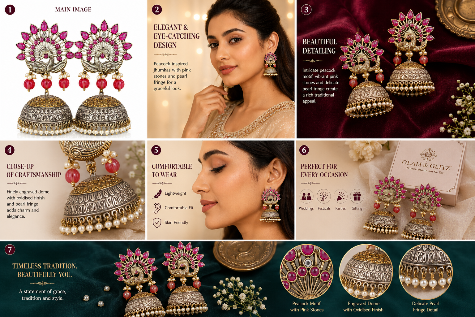 GLAM & GRACE Pink & Silver-Tone Peacock Jhumka Earrings with Pearl Drops