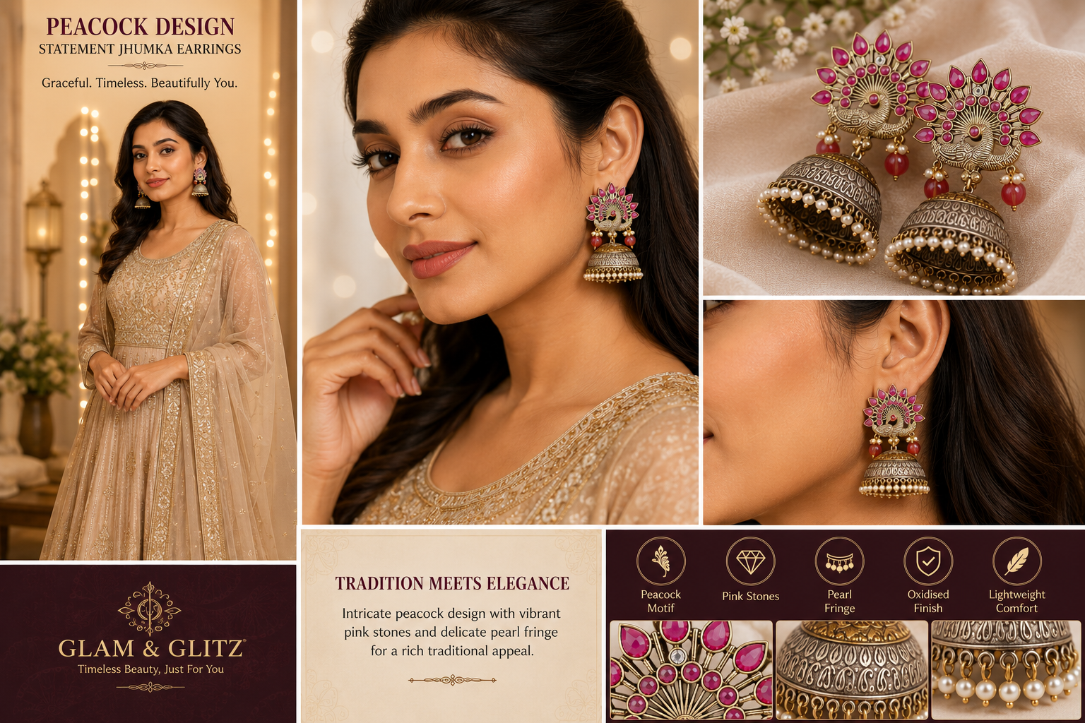 GLAM & GRACE Pink & Silver-Tone Peacock Jhumka Earrings with Pearl Drops