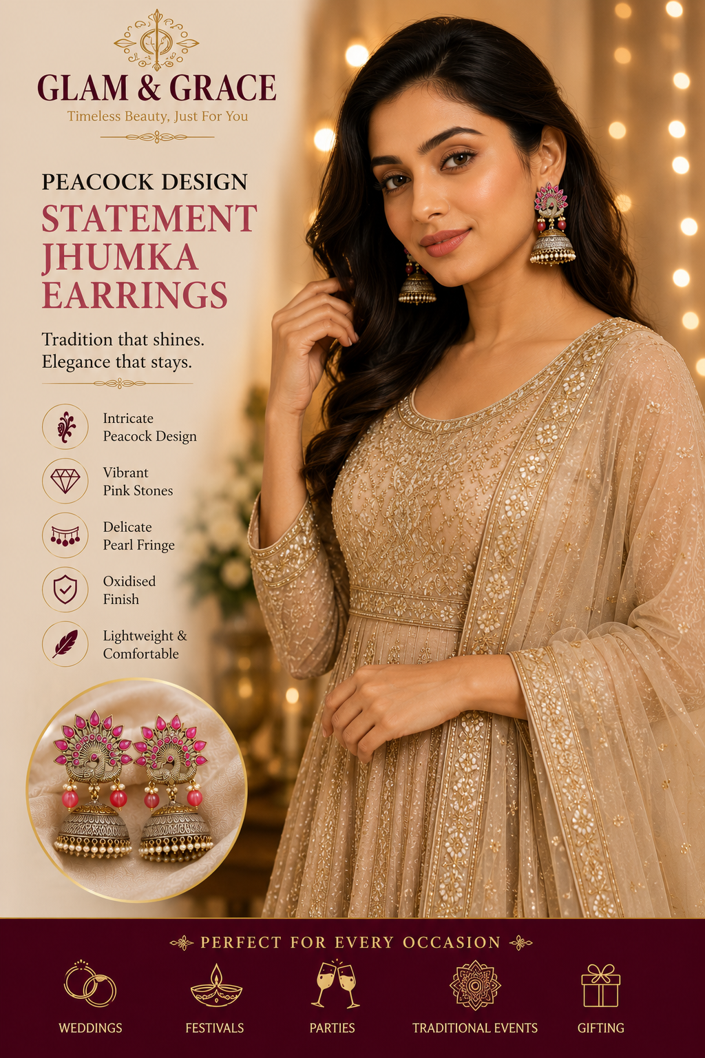 GLAM & GRACE Pink & Silver-Tone Peacock Jhumka Earrings with Pearl Drops