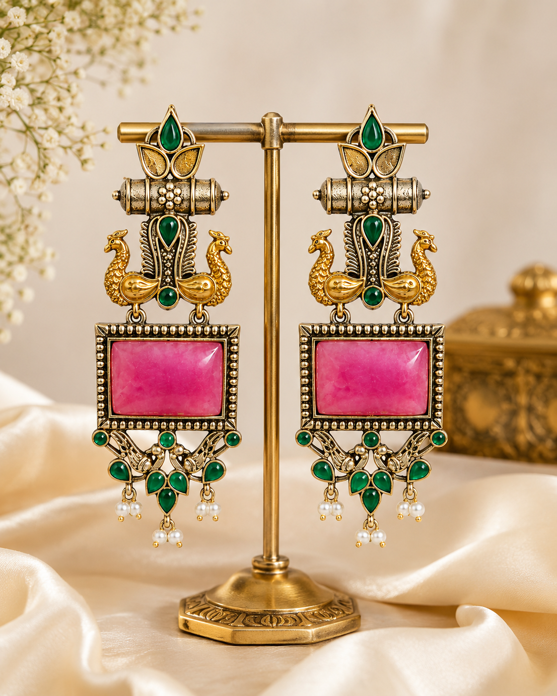 GLAM & GRACE Green & Pink Stone Peacock Design Long Drop Earrings