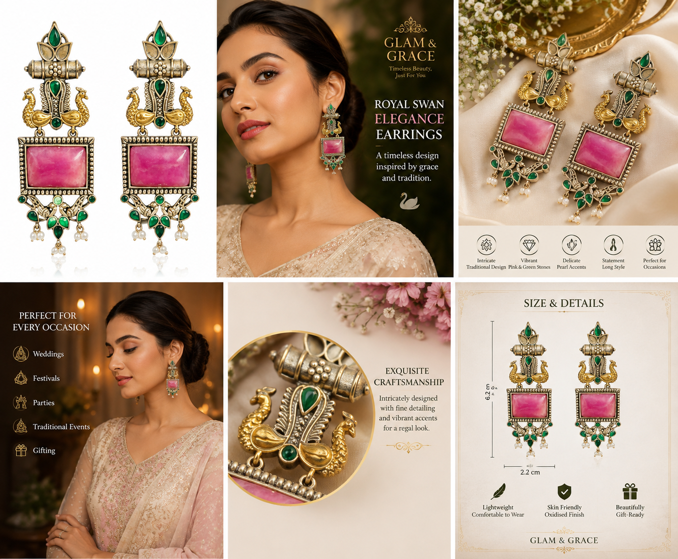 GLAM & GRACE Green & Pink Stone Peacock Design Long Drop Earrings