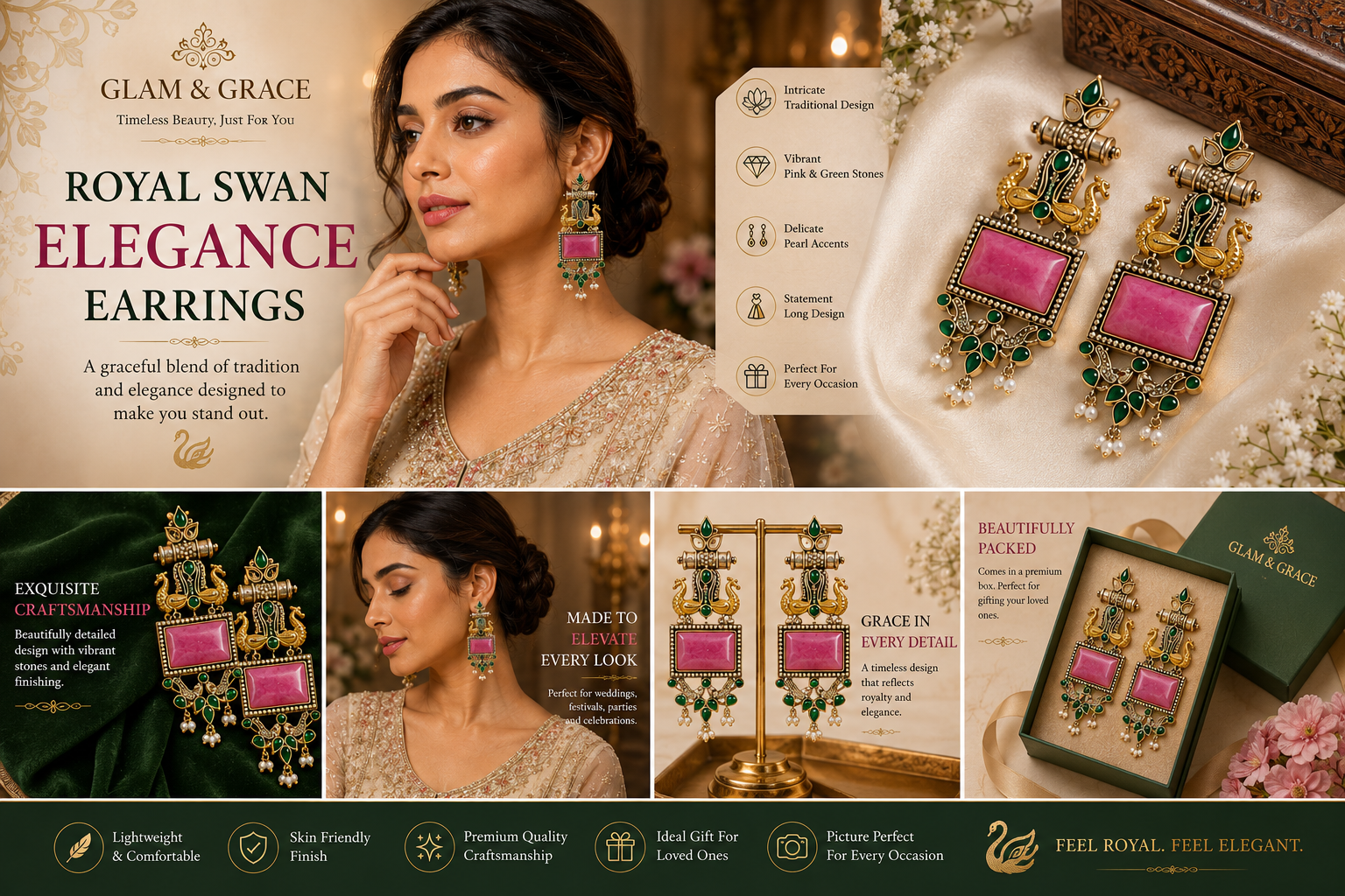 GLAM & GRACE Green & Pink Stone Peacock Design Long Drop Earrings