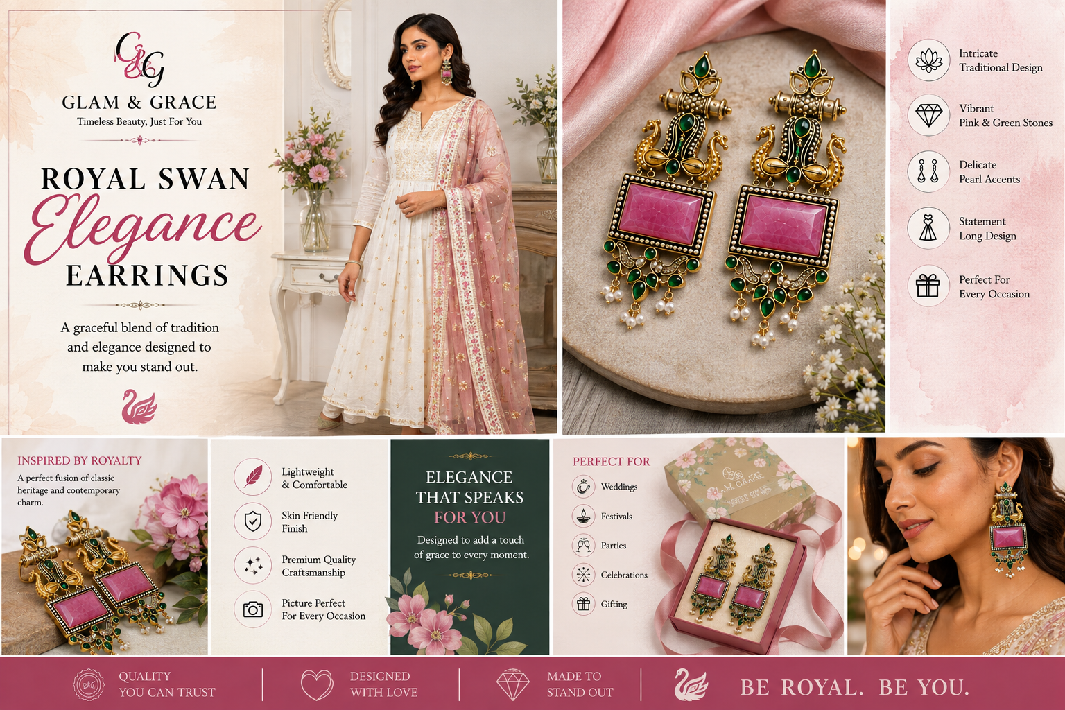 GLAM & GRACE Green & Pink Stone Peacock Design Long Drop Earrings