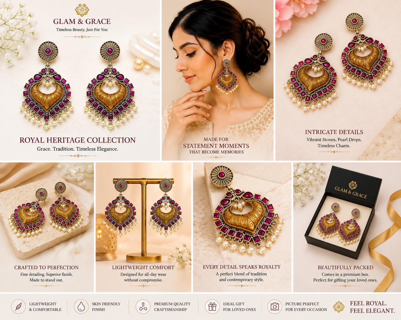 GLAM & GRACE Pink Stone Gold-Tone Chandbali Earrings with Pearl Drops