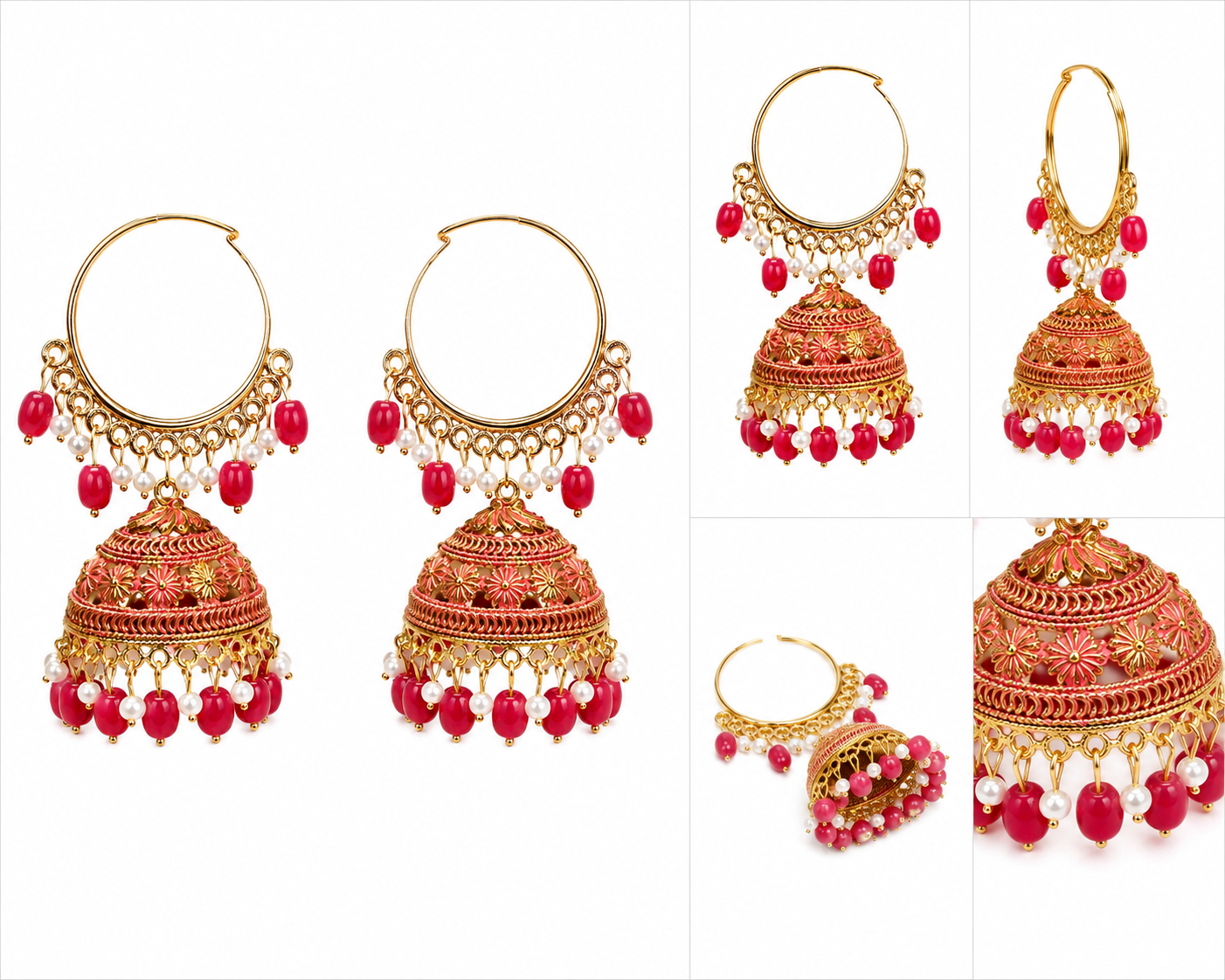 GLAM & GRACE Pink Bead Jhumka Hoop Earrings with Pearl Detailing