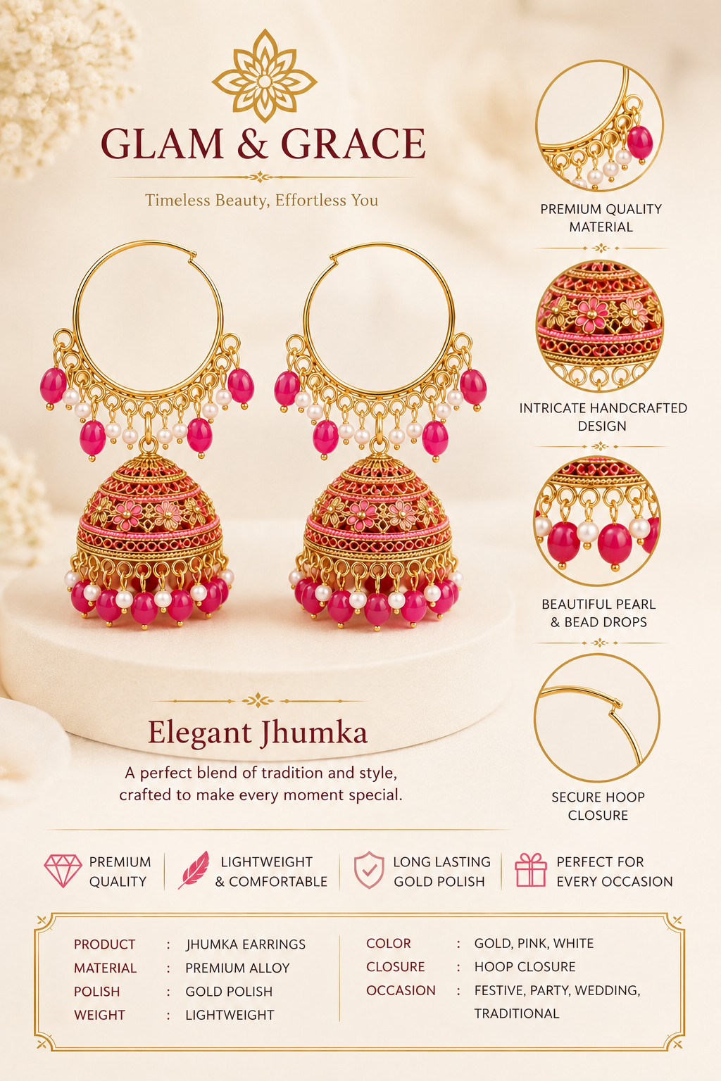 GLAM & GRACE Pink Bead Jhumka Hoop Earrings with Pearl Detailing
