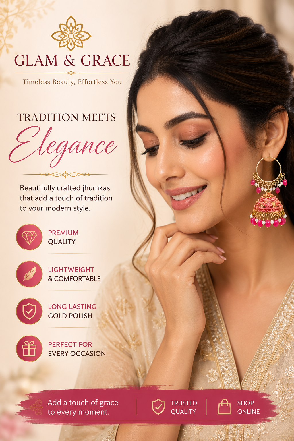 GLAM & GRACE Pink Bead Jhumka Hoop Earrings with Pearl Detailing