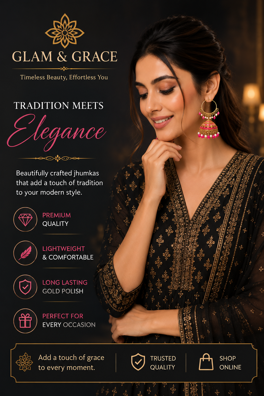 GLAM & GRACE Pink Bead Jhumka Hoop Earrings with Pearl Detailing