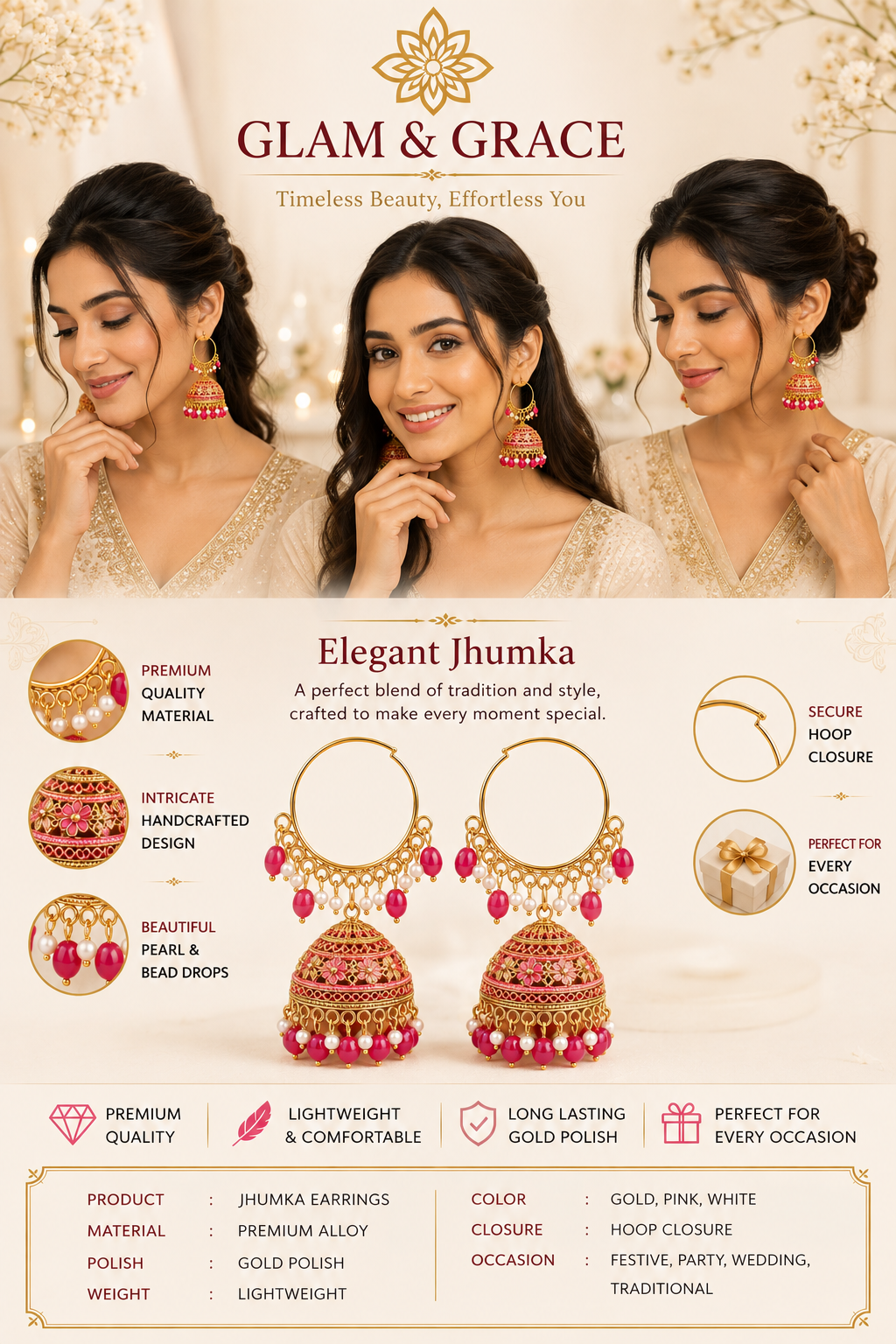 GLAM & GRACE Pink Bead Jhumka Hoop Earrings with Pearl Detailing