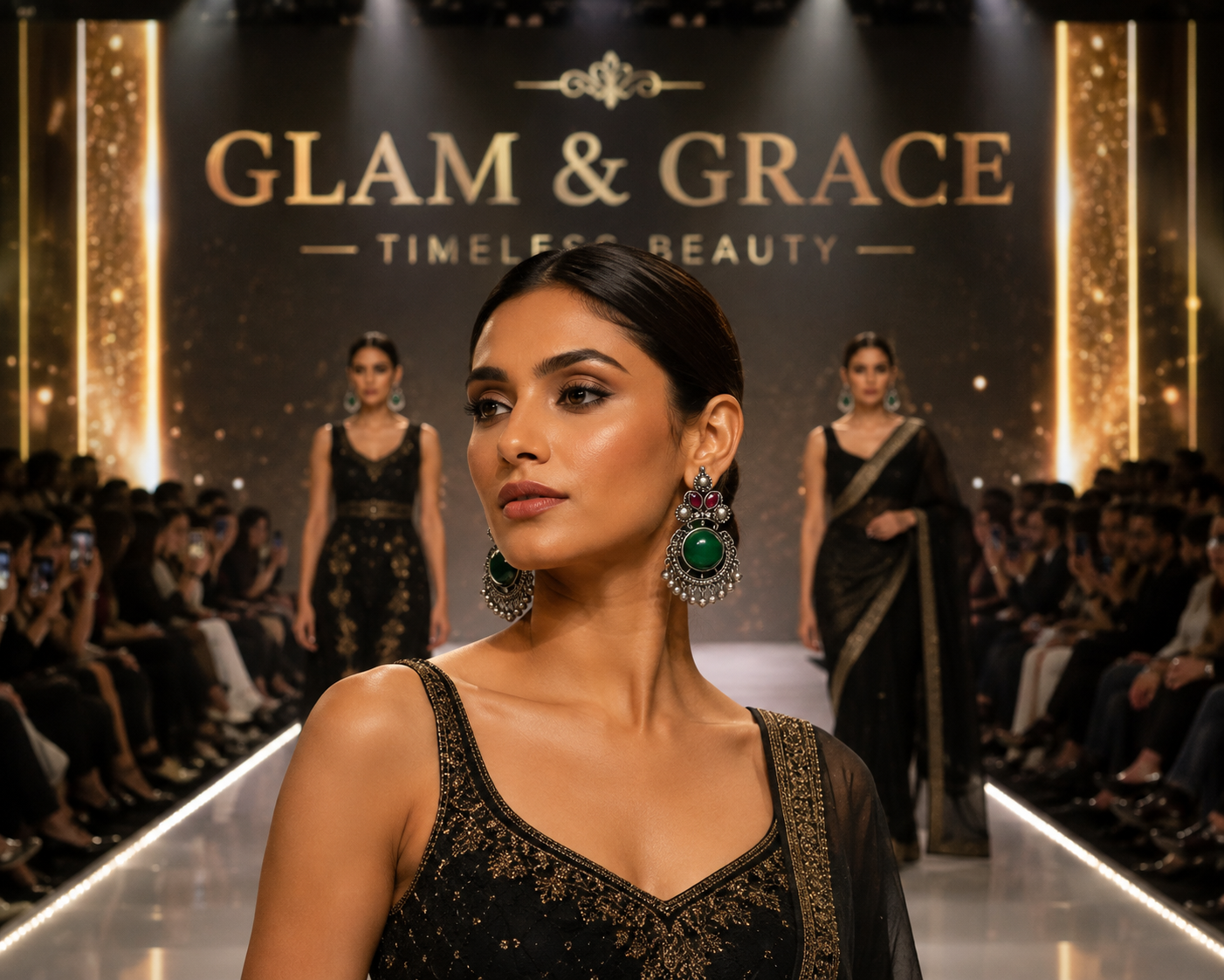 GLAM & GRACE Green Stone Oxidised Silver-Tone Long Drop Earrings