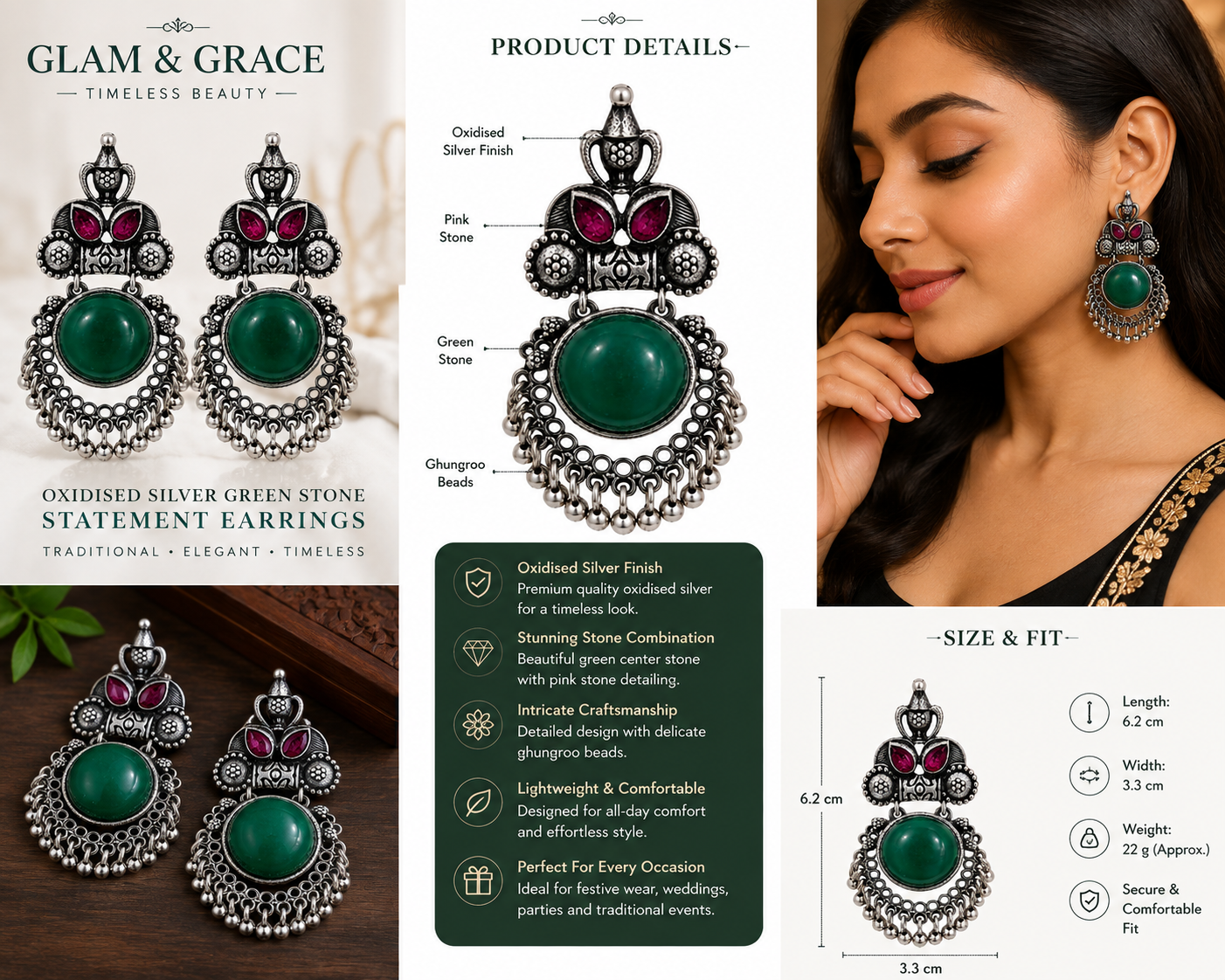 GLAM & GRACE Green Stone Oxidised Silver-Tone Long Drop Earrings