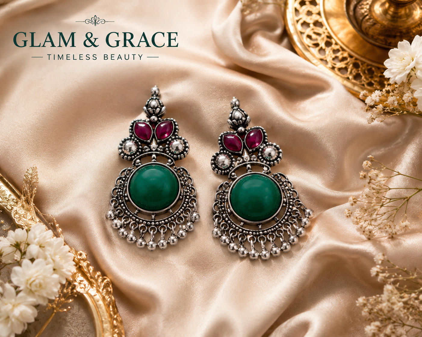 GLAM & GRACE Green Stone Oxidised Silver-Tone Long Drop Earrings