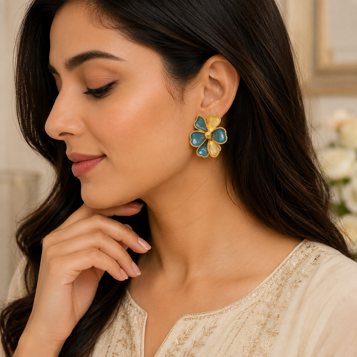 GLAM & GRACE Blue Floral Stud Earrings with Gold-Tone Detailing