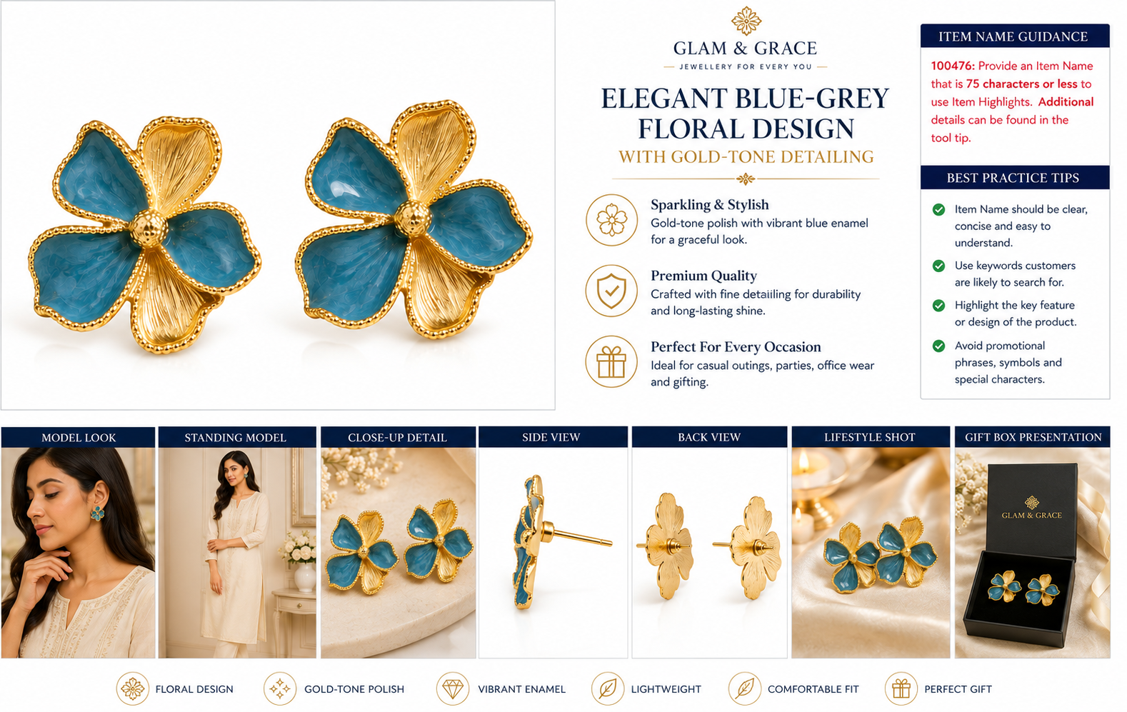 GLAM & GRACE Blue Floral Stud Earrings with Gold-Tone Detailing